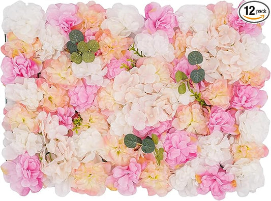 12PCS Flower Wall Panels, 3D Silk Floral Wall Backdrop, Realistic Pink Rose Flower Backplanes, Roll Up Fake Flower Background for Valentines Wedding Party Home Decoration