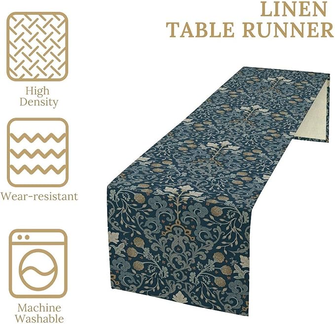 Vintage William Morris Table Runner, Rustic Country Farmhouse Blue Botanical Floral Boho Table Runner for Kitchen Dining Home Party Wedding, 13x36 Inch