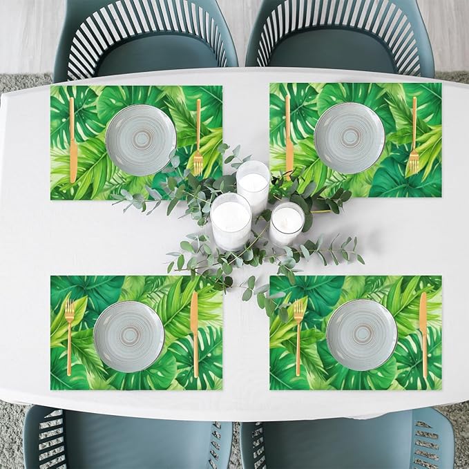 Green Summer Palm Leaf Placemats Set of 6 PVC Vinyl Non Slip Table Mats Waterproof Heat Resistant Place Mats Washable Wipeable Dining Table Mat for Kitchen Party Indoor Outdoor Decorative