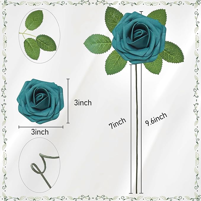 Artificial Flowers, 50pcs Artificial Rose for DIY Wedding Bouquets Centerpieces Arrangements, Dark Teal Fake Rose with Stems for Birthday Bridal Shower Graduation Events Decoration
