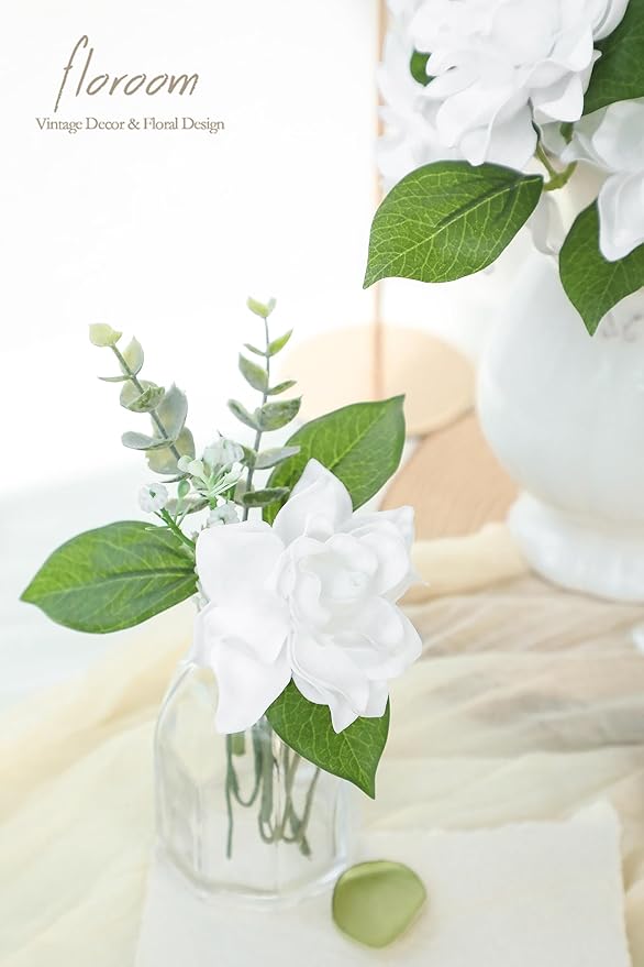 Floroom Artificial Gardenia Flowers 2.7" 25pcs Real Looking White Foam Fake Flowers with Stems for DIY Wedding Bouquets Bridal Shower Centerpieces Floral Arrangements Party Tables Home Decorations