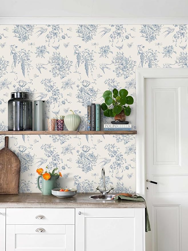 Cream White and Blue Peel and Stick Wallpaper Vintage Floral Contact Paper 16.9"x 196.8" Blue Floral Wallpaper Peel and Stick Birds Self Adhesive Removable Wall Paper for Bedroom Bathroom