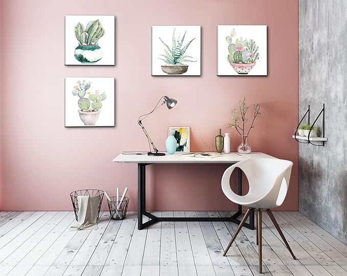 Succulent Bathroom Decor Cactus Canvas Wall Art, Green Botanical Pictures Print, Watercolor Plant Paintings Artwork for Bedroom Living room Office Decoration - 12" X 12"