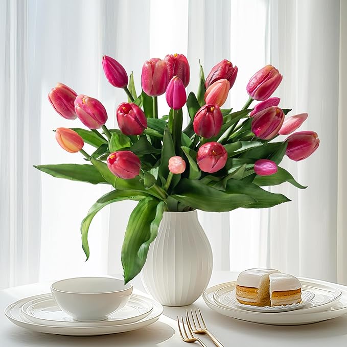 20PCS Fake Tulips Artificial Tulip Silk Flowers Fake PU Bouquet Artificial Flowers Faux Flowers with Gift Box Soft Faux Tulips Bouquets Arrangements for Party Wedding Home