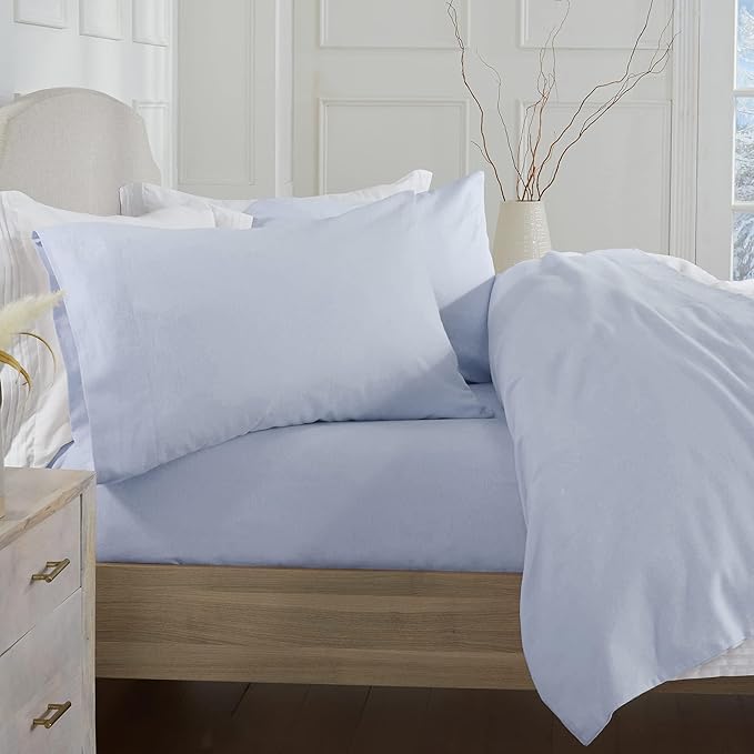 Market & Place 100% Turkish Cotton Flannel Sheet Set | 3 Piece Deep Pocket Solid Cozy Winter Bed Sheets | Double Brushed for Extra Softness & Comfort | Chalet Collection (Twin, Light Blue)