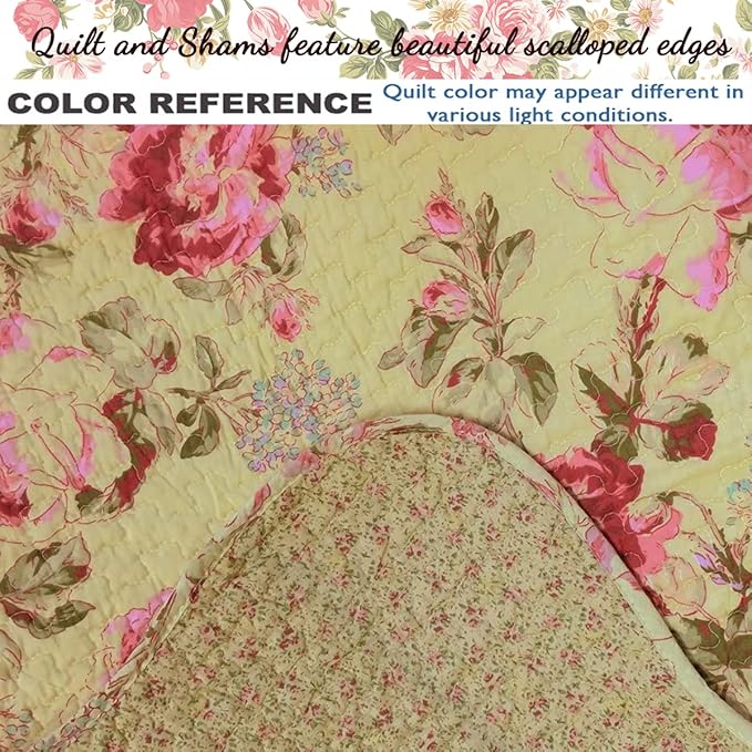 Cozy Line Home Fashions Lelia Pink Rose Blooming Floral Vintage Yellow 100% Cotton Reversible Quilt Bedding Set, Coverlet Bedspread (Rose Vivid, Queen - 3 Piece)