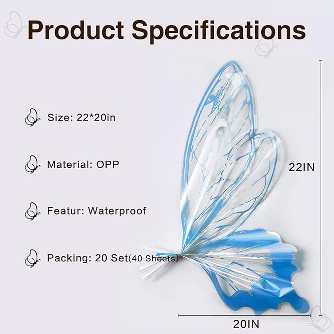 LLBWKC 20 Sets Butterfly Flower Wrapping Paper, Waterproof Butterfly Flower Bouquet Wrapping Paper, OPP Clear Floral Wraps for Florist Supplies, Gift Packaging, DIY Craft 20x22 in (Blue)