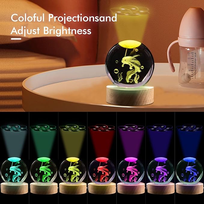 3.15in 3D Axolotl Gift Lamp for Bedroom - 16 Colors & Remote Controls Crystal Ball Night Light - Birthday Christmas Gifts for Kids Boys Girls