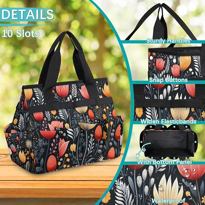 Garden Tool Bag Organizer Garden Tote Bag with Pockets Flowers Buds Leaves Tool Storage Organizer Gardening Tool Kit Holder 13" x 6.8" x 2.8"