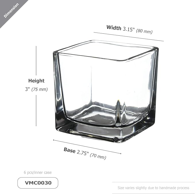 WGV 3 Inch Clear Square Cube Glass Votive Candle Holder Vase Bulk, Small Tiny Mercury Tea Light Terrarium Décor 3x3”, 6 Pieces