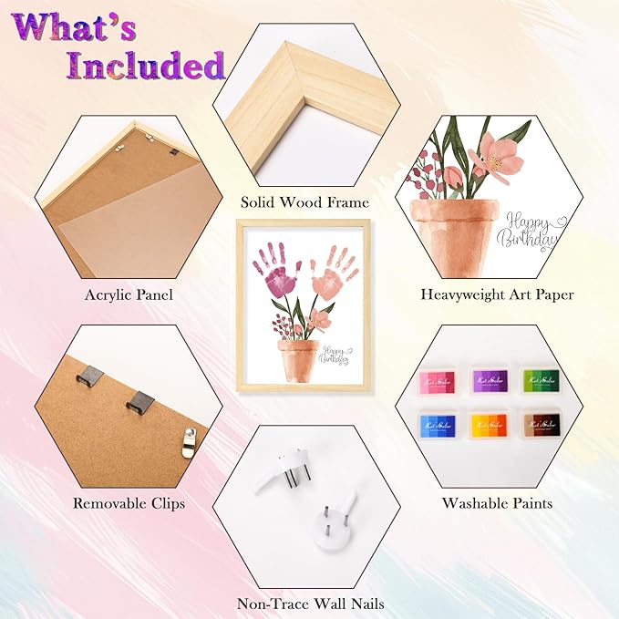 CLUSIVC DIY Christmas Birthday Gift for Grandma and Mom Flower Bouquet Handprint Craft Kit, Unique Gifts for Grandma Mom Mimi Nana,New Year Gift(12" x 16", 2 Art Papers, Wood Frame)