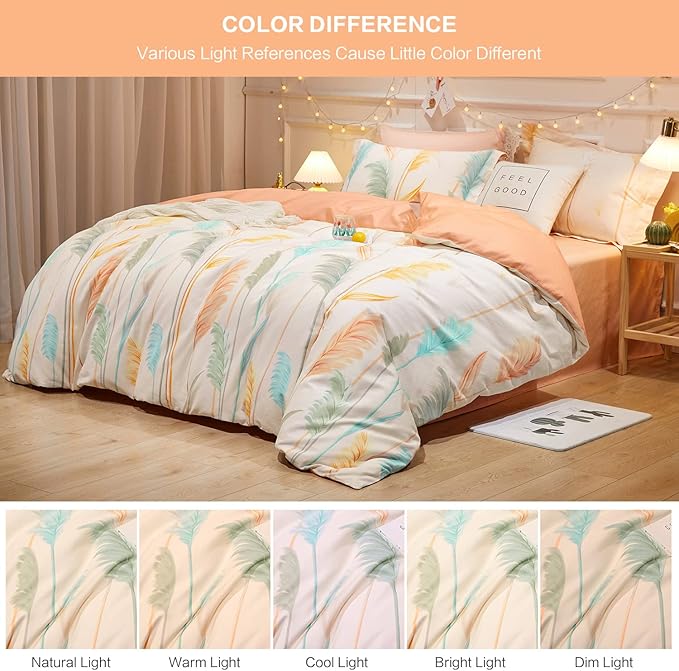 SAPHREAS Plant Reeds Duvet Cover Set Full Size 100% Cotton 3 Piece Beige Orange Bedding Comforter Duvet Cover Set 1 Duvet Cover 2 Pillow Shams