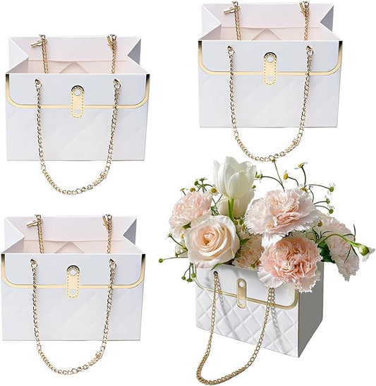 Jemattely 4 Pcs Flower Paper Gift Box,Large Waterproof Bouquet Storage Bucket Florist Handbag with Metal Chain Flower Boxes for Wedding Mother's Day Birthday Bridal Etc Shower Gift Wrap Craft-White