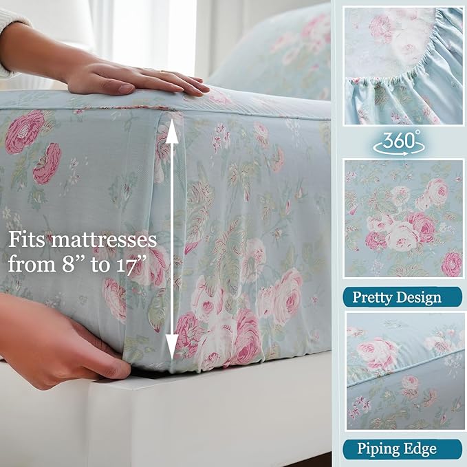 Zusbest Blue Floral Sheets Set Queen Size 100% Cotton Pink Flowers Bed Sheet Shabby Vintage Chic Bedding Romantic Pastoral Style Original Design Soft Luxury Deep Pocket Fitted Sheet 17.5'', 4 Pcs