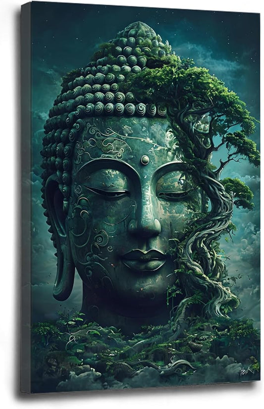 Buddha statue wall art canvas wall decor aesthetic picture mystical nature art for tranquil home and spiritual space 24x36in Wood Framed