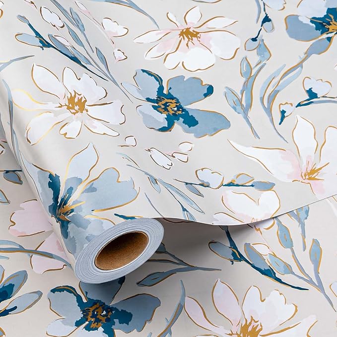 MIMUTI Blue and White Floral Wrapping Paper - 17 in x 33 ft - Gift Wrap with Watercolor Flowers, Branches and Leaves - Perfect for Wedding, Bridal Shower, Mother's Day, Valentine's Day