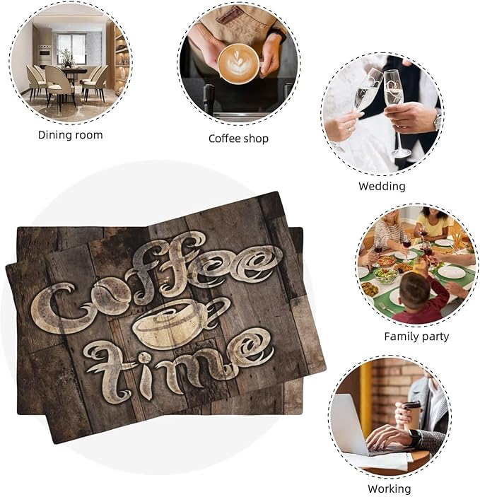 Coffee Linen Table Placemats Set of 4 Coffee Cup Vintage Wooden Print Placemat Indoor Outdoor Party Home Desktop Kitchen Dining Room Decoration 12x18 Inch