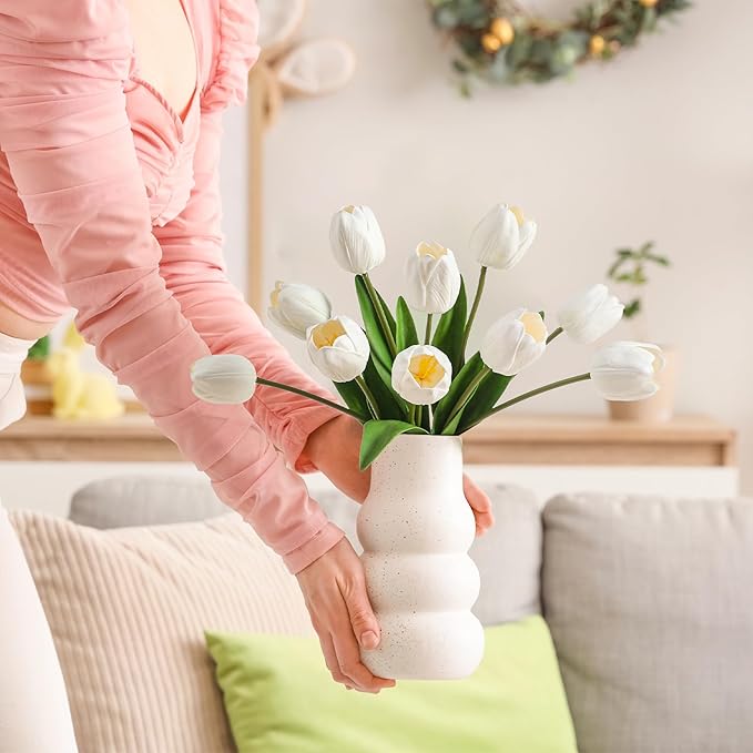 10PCS Artificial 18.5" Long Stem White Tulips Bouquet PU Flowers, Fake 6 Color Tulip Faux Flowers with Bendable Stems for Floral Table Wedding Home Decor