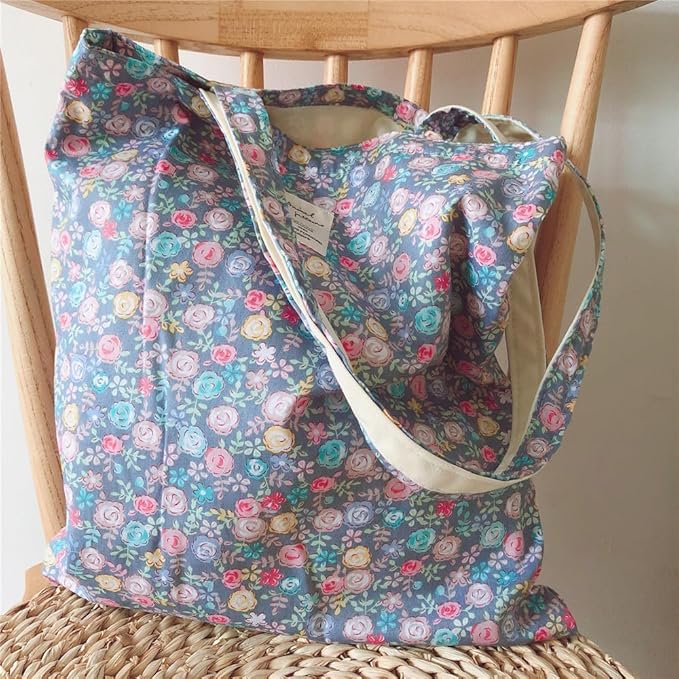 Cotton Canvas Tote Bag Reusable Soft Grocery Cloth Bag Floral Shoulder Bag for Beach Travel Shopping