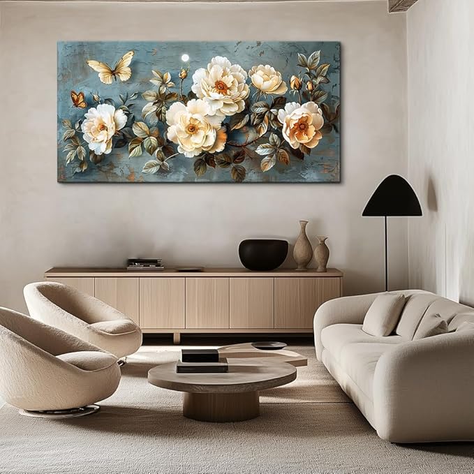 PHAOHUAXM Large Canvas Wall Decor Living Room For Wall Art For Bedroom Office Home Decor Abstract White Flower Wall Painting Printing Pictures Artwork Modern Restaurant Decoration Aesthetic 30"x60"