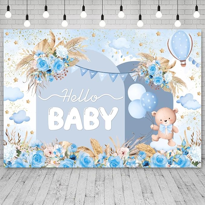7x5ft Hello Baby Backdrop Blue Gold Boho Floral Bear Baby Shower Photography Background Balloon Stars Clouds Banner Decorations Welcome Newborn Celebration Party Portrait Photo Booth Prop