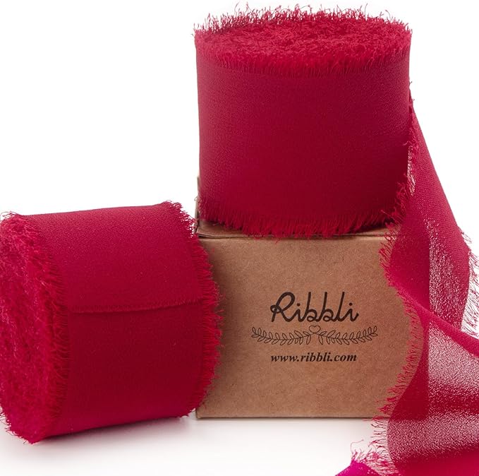 Ribbli Dark Red Chiffon Ribbon 1-1/2 inch x 20 Yard Handmade Fringe Chiffon Silk Ribbon,Dark Red Ribbon for Wrapping, Wedding Invitations, Bridal Bouquets, Home Decor