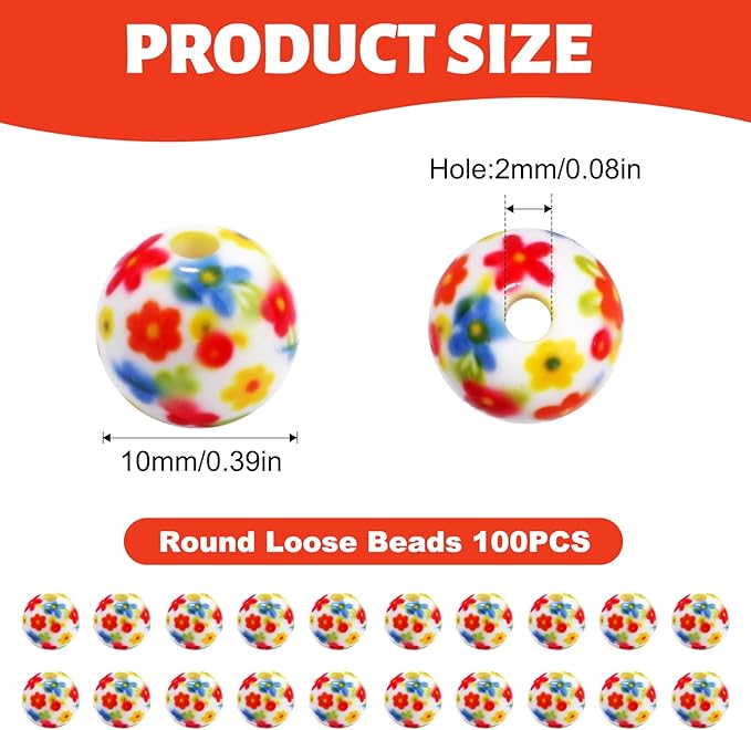 100 PCS 10mm Resin Beads Bulk for Bracelet Making Kit, Colorful Floral Printed Round Loose Beads for Jewelry Earring Necklace Rings Art Craft DIY Projects