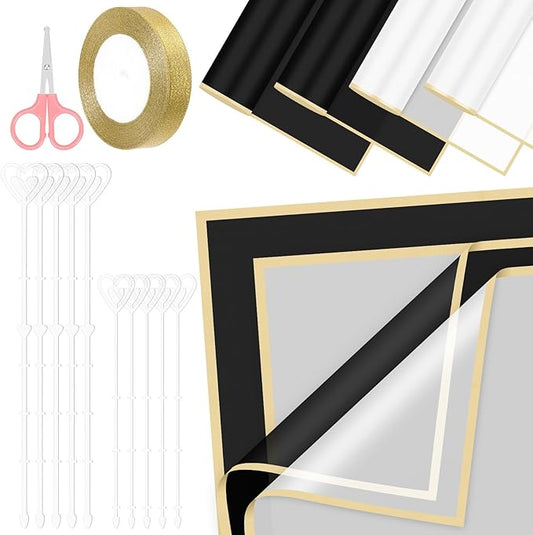 Glarks 52pcs Flower Wrapping Paper Set, Including 40 Sheets White and Black Waterproof Bouquet Wrapping Paper, 10pcs Floral Pick Card Holders, 1 Roll Ribbon and 1pcs Pink Scissors for Flower Shop
