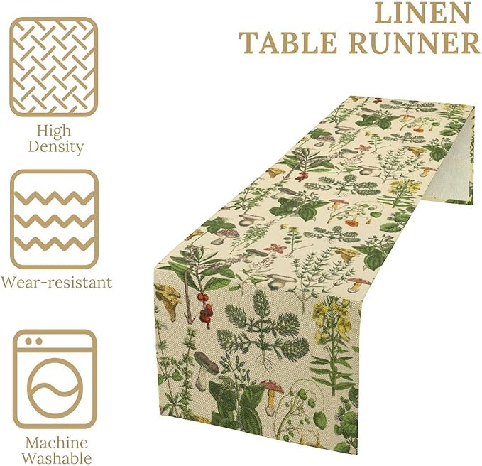 Vintage Botanical Table Runner, Antique 1900s Plants Herbs Mushroom Boho Retro Wildflower Ferns Print Table Runner for Farmhouse Kitchen Indoor Outdoor Decoration, 13x70inch