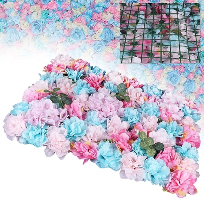 12PCS Flower Wall Panels, 3D Silk Floral Wall Backdrop, Realistic Blue Pink Eucalyptus and Dahlias Flower Backplanes, Roll Up Fake Flower Background for Valentines Wedding Party Home Decoration