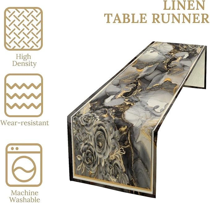 Grey Marble Flower Table Runner, Black Grey Marble Golden Veins Abstract White Natural Texture Floral Dinner Runner Table Decoration for Home Kitchen Dining Holiday Party 13x36in