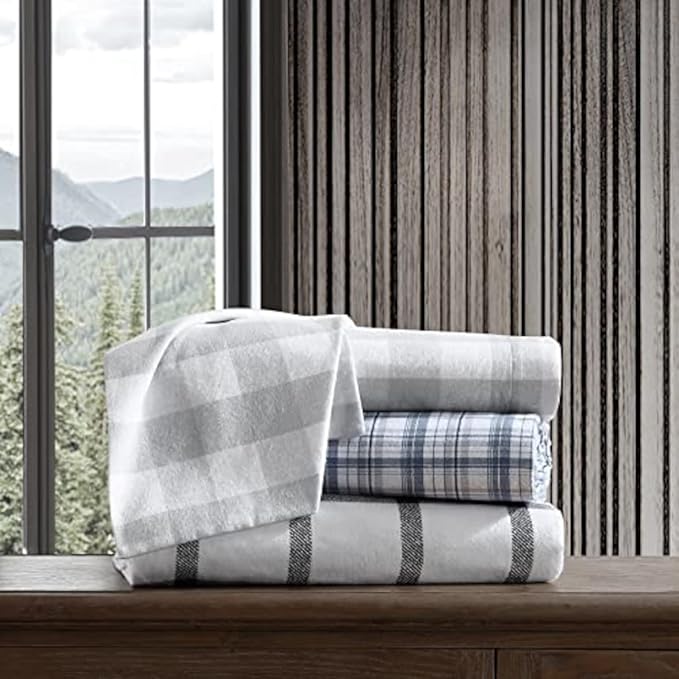 Eddie Bauer - Flannel Sheets Full Size, Anti-Pilling & Wrinkle Resistant Cotton, Touchably Soft for All-Season Comfort - Bed Sheets with Matching Pillowcases & Fitted Sheet (Bunkhouse Plaid Charcoal)