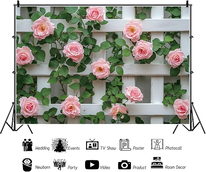 Baocicco 12x10ft Flowers Fence Backdrop Photography Pink Rose Green Leaves White Spring Floral Farmhouse Background for Bridal Shower Wedding Birthday Party Backdrops Decoration Photo Prop Photoshoot