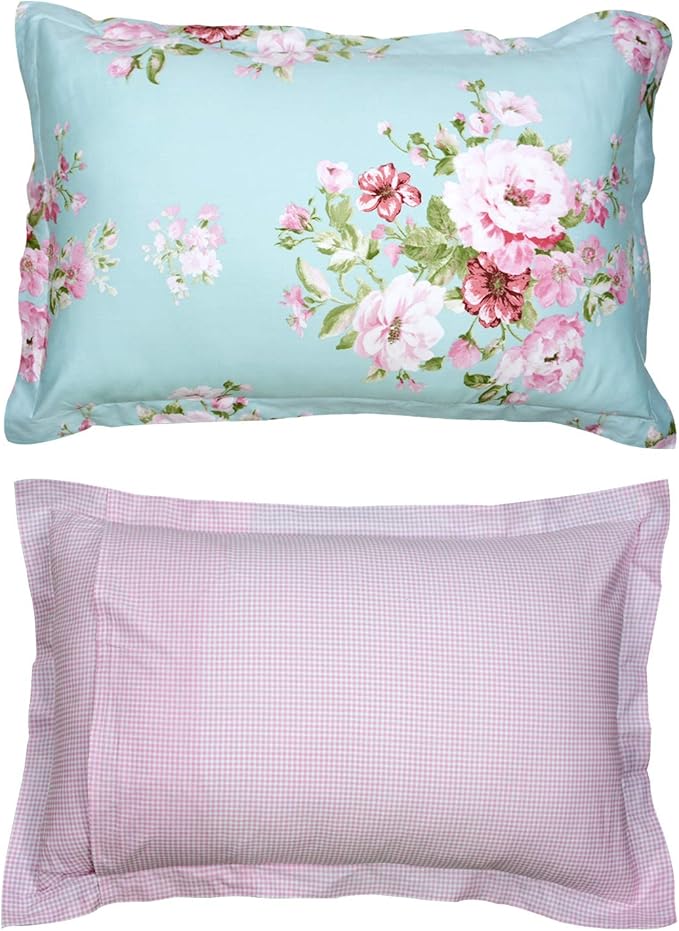 FADFAY Shabby Floral Duvet Cover Set Pink Grid Cotton Farmhouse Bedding with Hidden Zipper Closure 3 Pieces, 1duvet Cover & 2pillowcases,Twin Size