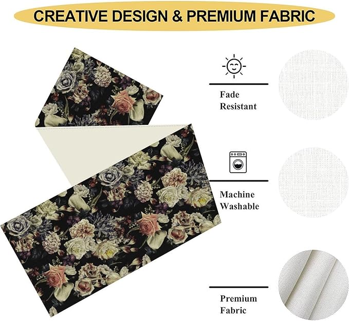 Gothic Floral Table Runner, Vintage White Blue Floral Boho Flower Garden Botanical Spring Seasonal Print Table Center Decor for Family Kitchen Table Decorations Indoor Outdoor 13x90 inch