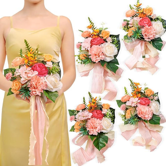 TINGE TIME 7 Inch Artificial Flowers Wedding Bouquets for Bridesmaid, Set of 4, Tropical Bride Tossing Bouquet for Summer Wedding Ceremony Bridal Shower Rehearsal Dinner Vintage Party