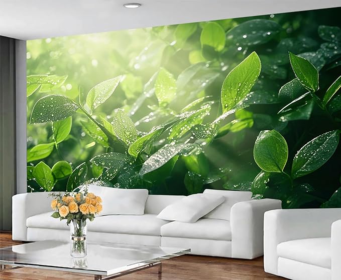 Dewdrops Green Leaf Wall Mural, Botanical Forest Sunlight 3D Wall Murals, Refreshing Nature Wallpaper Mural, for Living Room Bedroom Large Wallpaper Indoor Decor 157.5" W x110.3 H