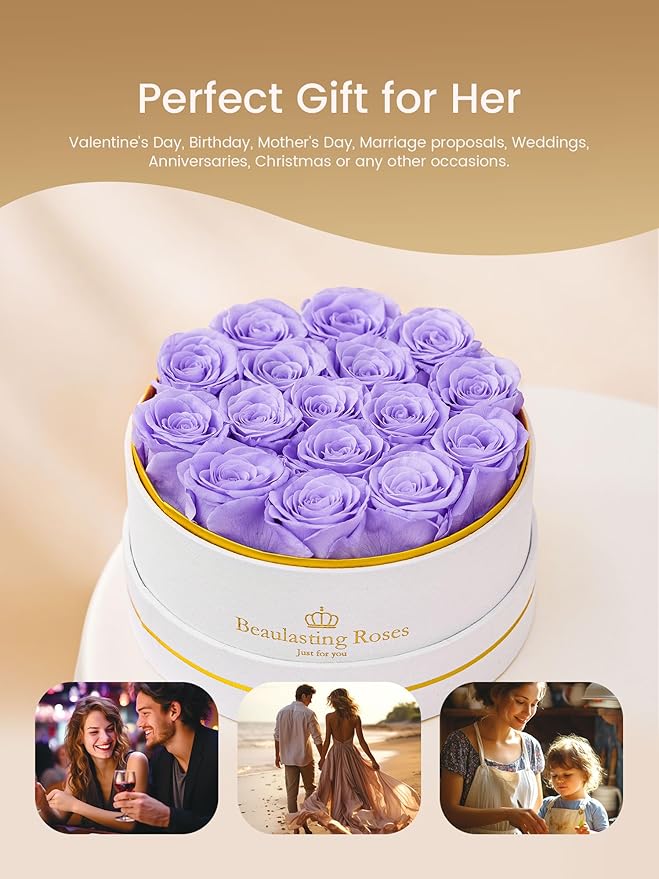 Preserved Roses Forever Flowers Real Roses in a Box Mother's Day Birthday Flowers for Her Mom Women Wife Valentine's Day, 16 Light Purple Roses