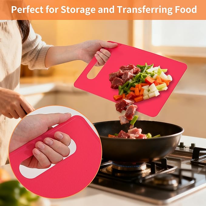 Cutting Board Set of 4, 11.4" x 7.5" x 0.1", Red Green Yellow White, Plastic Kitchen Cutting Boards with Juice Groove & Handle Hole, Lightweight & Dishwasher Safe