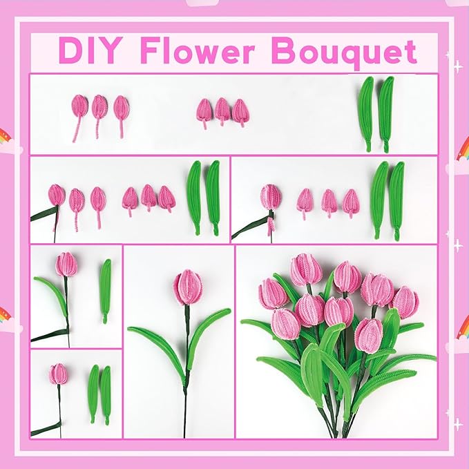ZEIZHUBN 300 Pieces Pipe Cleaners, Pipe Cleaners Flower Bouquet Kit, Flower Making Kit with Floral Wires Tape, Art and Craft Supplies Projects DIY Decoration Holiday Party Birthday Gifts