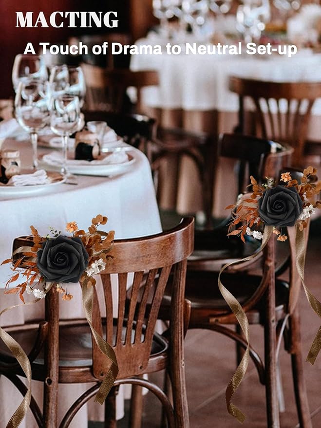 MACTING 60PCS Black Artificial Flowers Real Touch Fake Flowers with Stem Foam Roses for DIY Wedding Bouquets Table Centerpieces Bridal Shower Party Holiday Home Valentines Day Decorations