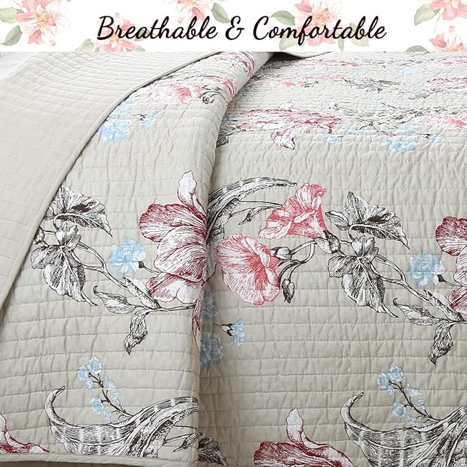 Cozy Line Home Fashions Taupe Khaki Floral Blooming 100% Cotton Reversible Quilt Bedding Set, Coverlet, Bedspread (Taupe Blooming, King - 3 Piece)