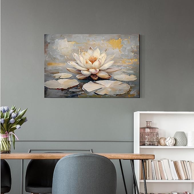 Ethereal white lotus floating on Crystal Waters poster vintage oil painting printwall art soft blush and gold accents serene home and office decor dreamy 16x24in Frameless