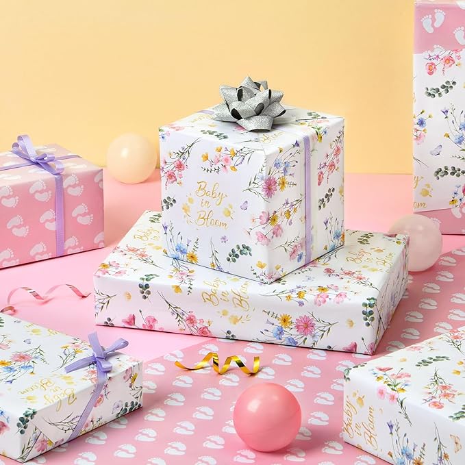 WERNNSAI Baby Wrapping Paper - 1 Roll 17 in x 16.4 ft Baby Shower Wrapping Paper Newborn Girls Gift Wrap Pink Reversible 1st Birthday Present Packing Decoration Foot Prints Design