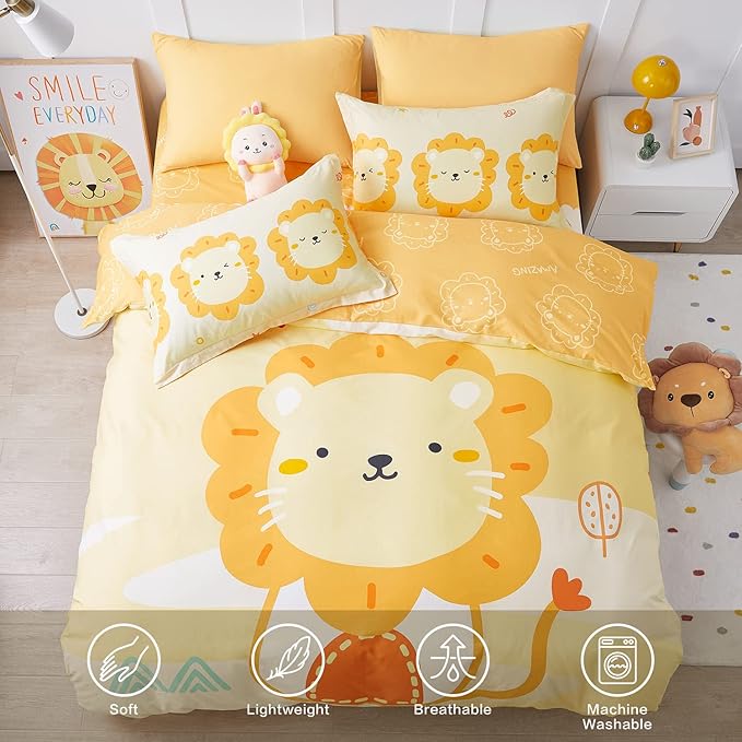 SAPHREAS Cartoon Lion Printed Kids Duvet Cover Set 4pcs with Fitted Sheet Queen Size Yellow Animal Pattern Cotton Children Comforter Cover Set, Comforter Not Included