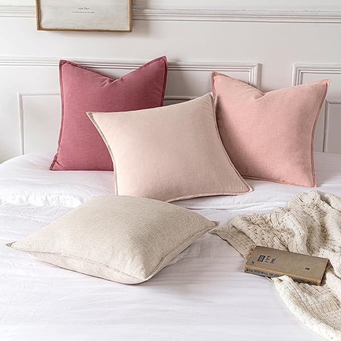 MIULEE Decorative Linen Pillow Covers 20x20 Inch Pink Boho Farmhouse Neutral Couch Throw Pillows for Bed Pack of 2 Accent Modern Pillowcase Sofa Livingroom Home Decor