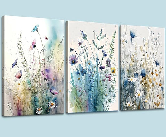 dgbtcart Watercolor Flower Canvas Wall Art Bathroom Decor Elegant Floral Wall Decor Colorful Botanical Painting Prints Flower Pictures for Living Room Bedroom Home Office Decoration 12"x16"x3pcs