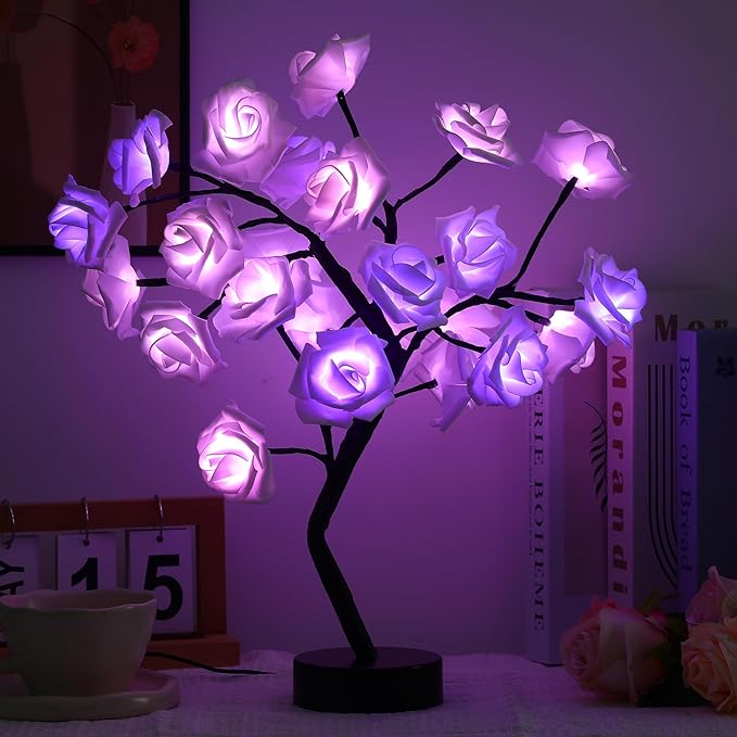 Rose Flower Tree Lamp - LED Rose Tree Table Lamp USB/Battery Powered Artificial Bonsai Flower Night Light for Bedroom Living Room Party Wedding Valentines Mothers Day Decor (White)