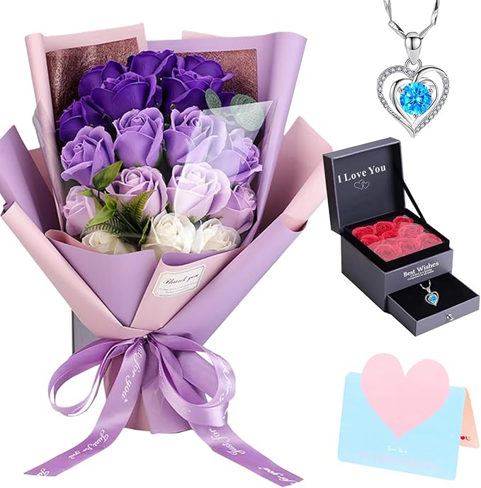 Roses Bouquet Artificial Flower - Preserved Red Rose Flowers with Love Necklace for Her Unique Gift for Birthday, Valentine's Day, Mother's Day, Thanksgiving, Christmas, Anniversary (Purple and White)