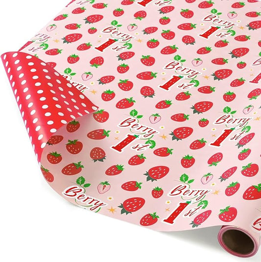 WERNNSAI Berry First Birthday Wrapping Paper - 1 Roll 17”x 16.5ft Pink Strawberry Gift Wrapping Paper Sweet One Birthday Packing Supply Baby Shower Party Favors Berry Sweet Design